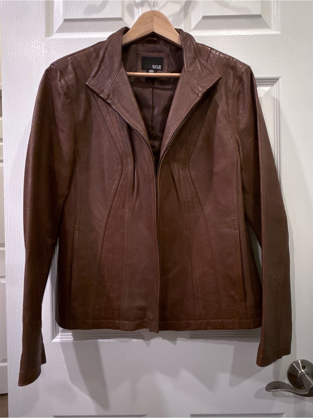 a.n.a Women's Chestnut Brown Leather Zip-Front Jacket